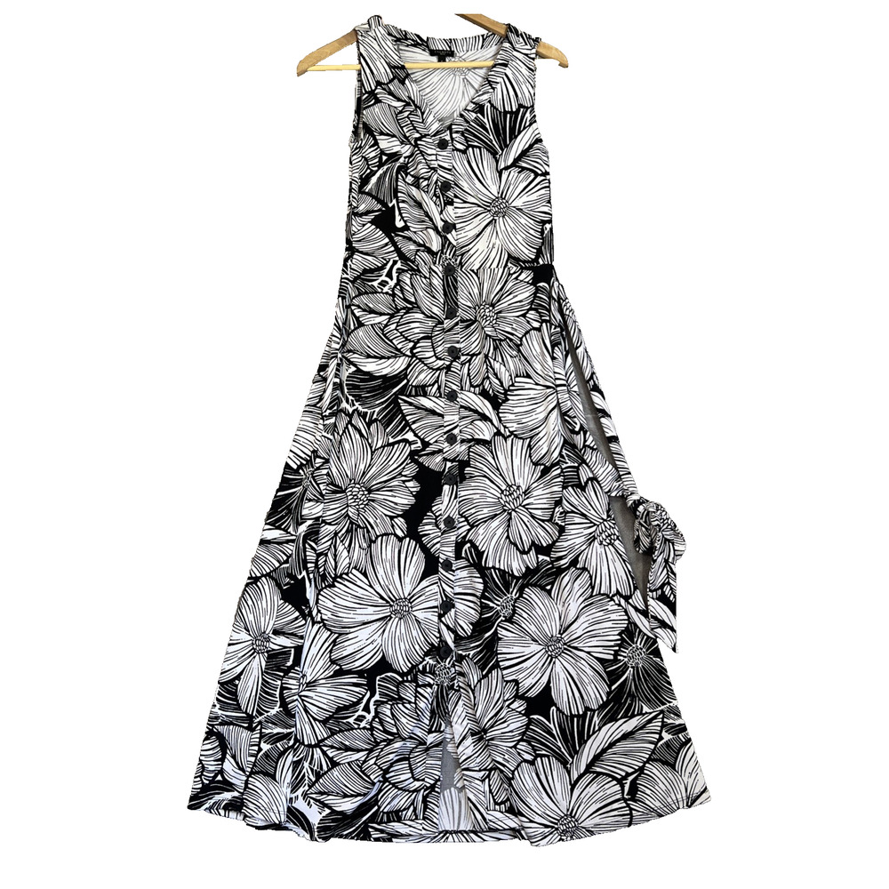 Talbots Dress Womens PP Black White Tropical Maxi Button Front Jersey Knit Belt